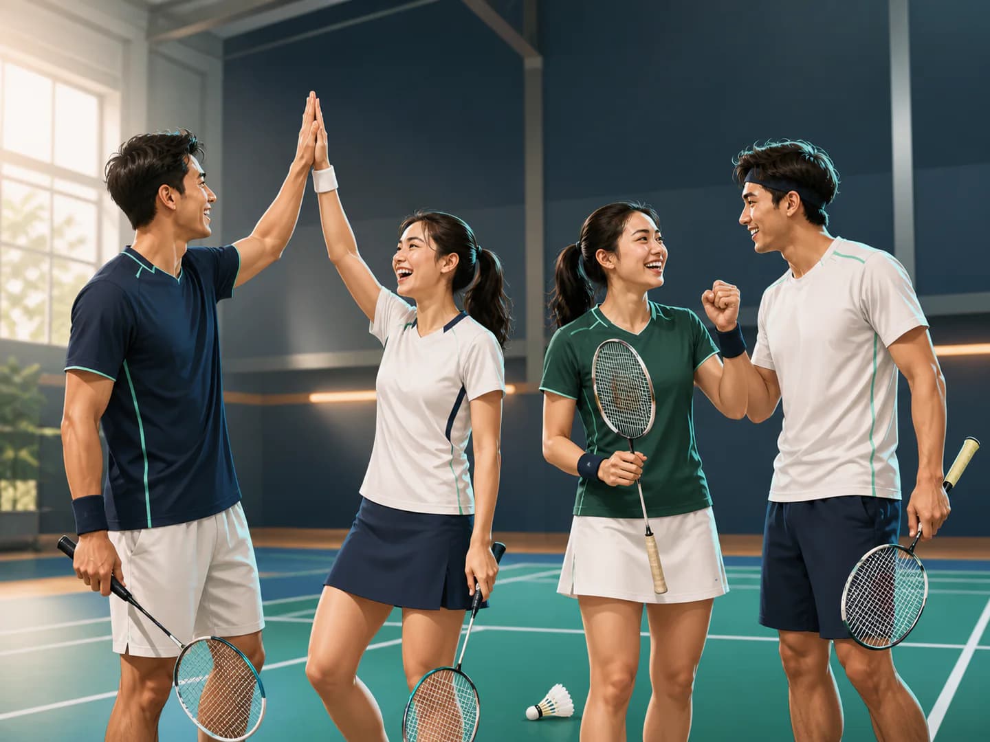 Badminton friends celebrating together after a match